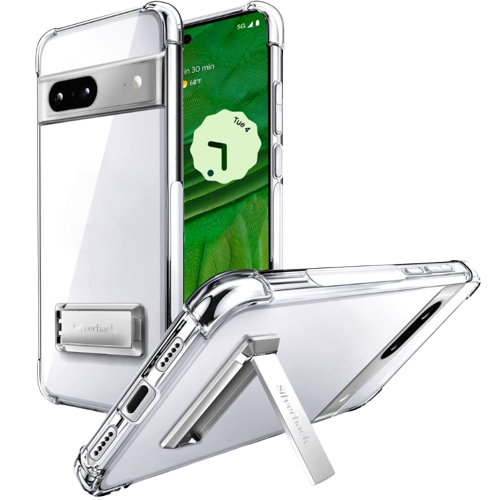 A render showing the Silverback kickstand clear case for Pixel 7.