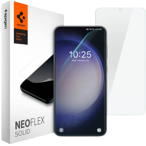 A render showing the Spigen NeoFlex for Galaxy S23+ next to its official packaging.
