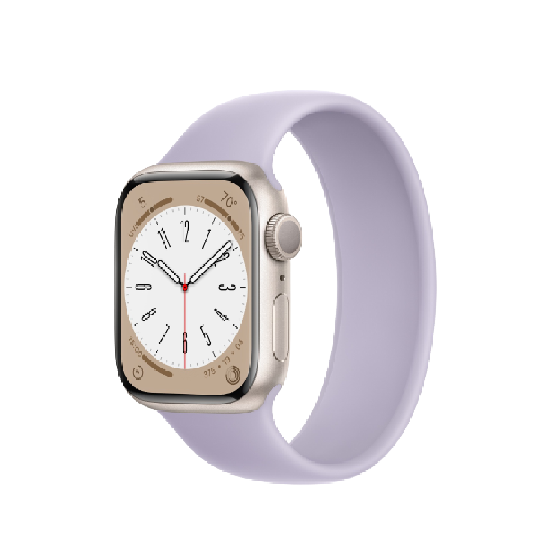Starlight Apple Watch Series 8 with purple band on transparent background.
