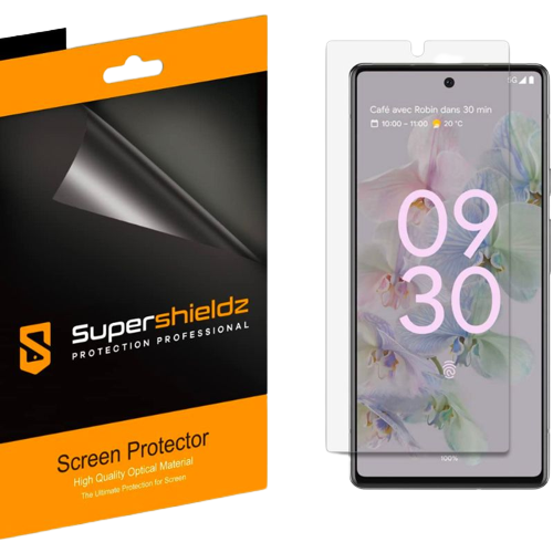 A render showing the retail packaging of the Supershieldz PET film next to a Google Pixel 6a.
