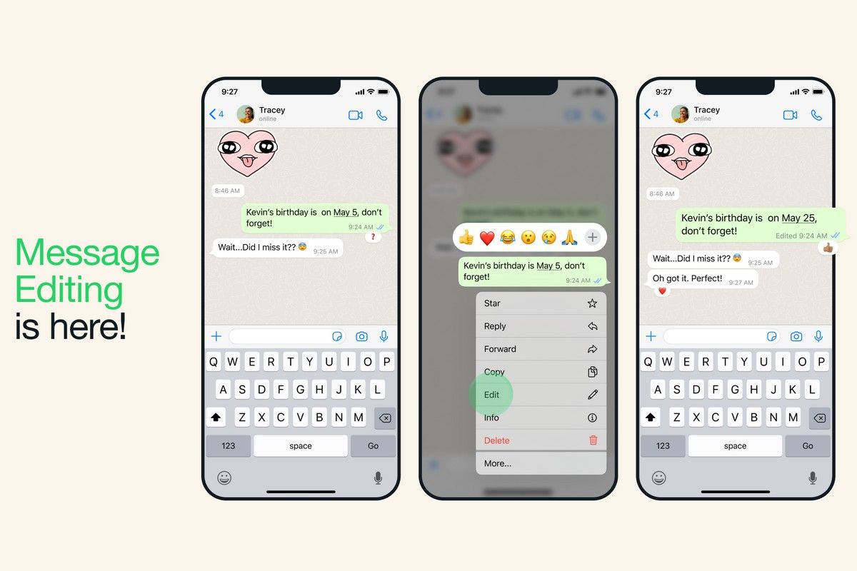 Three mockup screenshots, showing how to edit WhatsApp messages