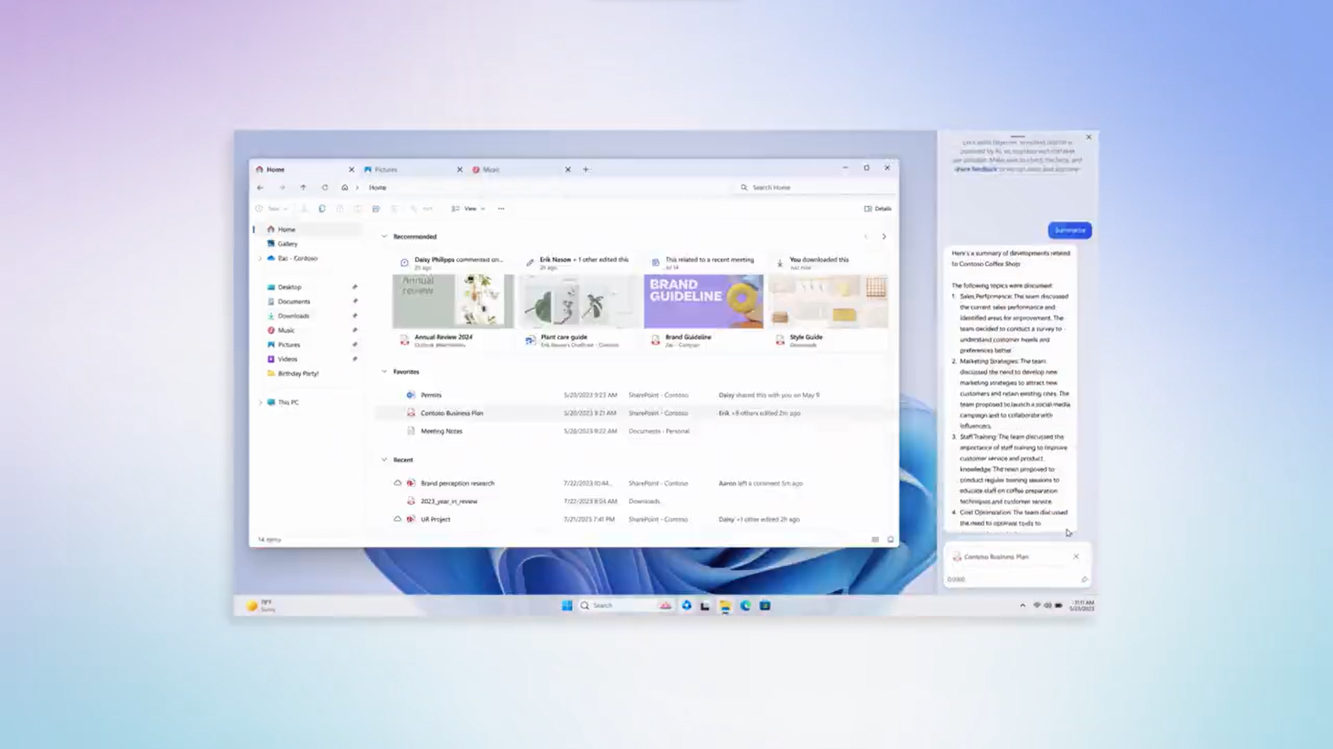 Screenshot of a redesigned File Explorer on a Windows 11 desktop, with Windows Copilot open next to it