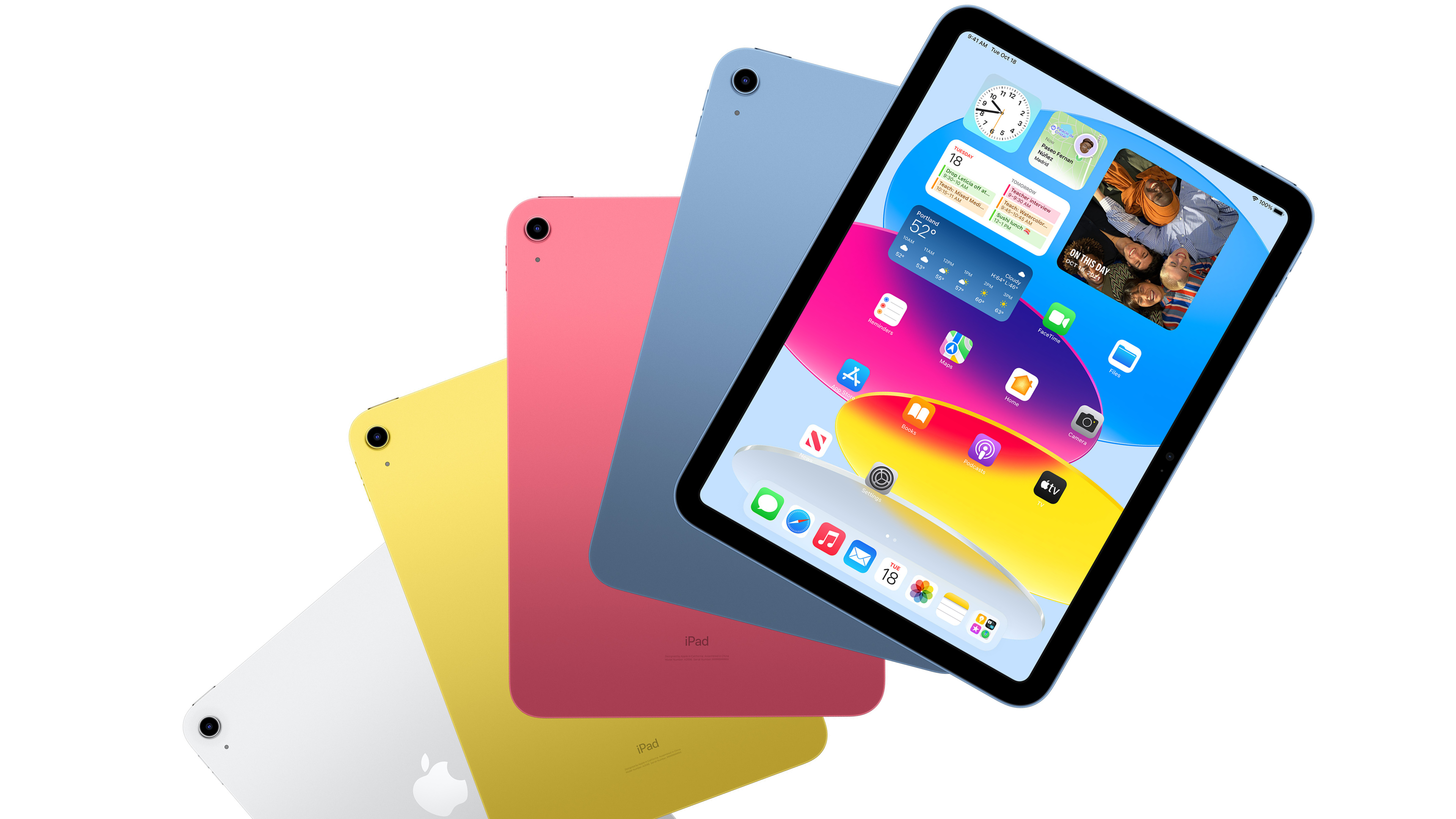 Apple iPad 10 floating in the air like a deck of cards showing its screen and four colors 