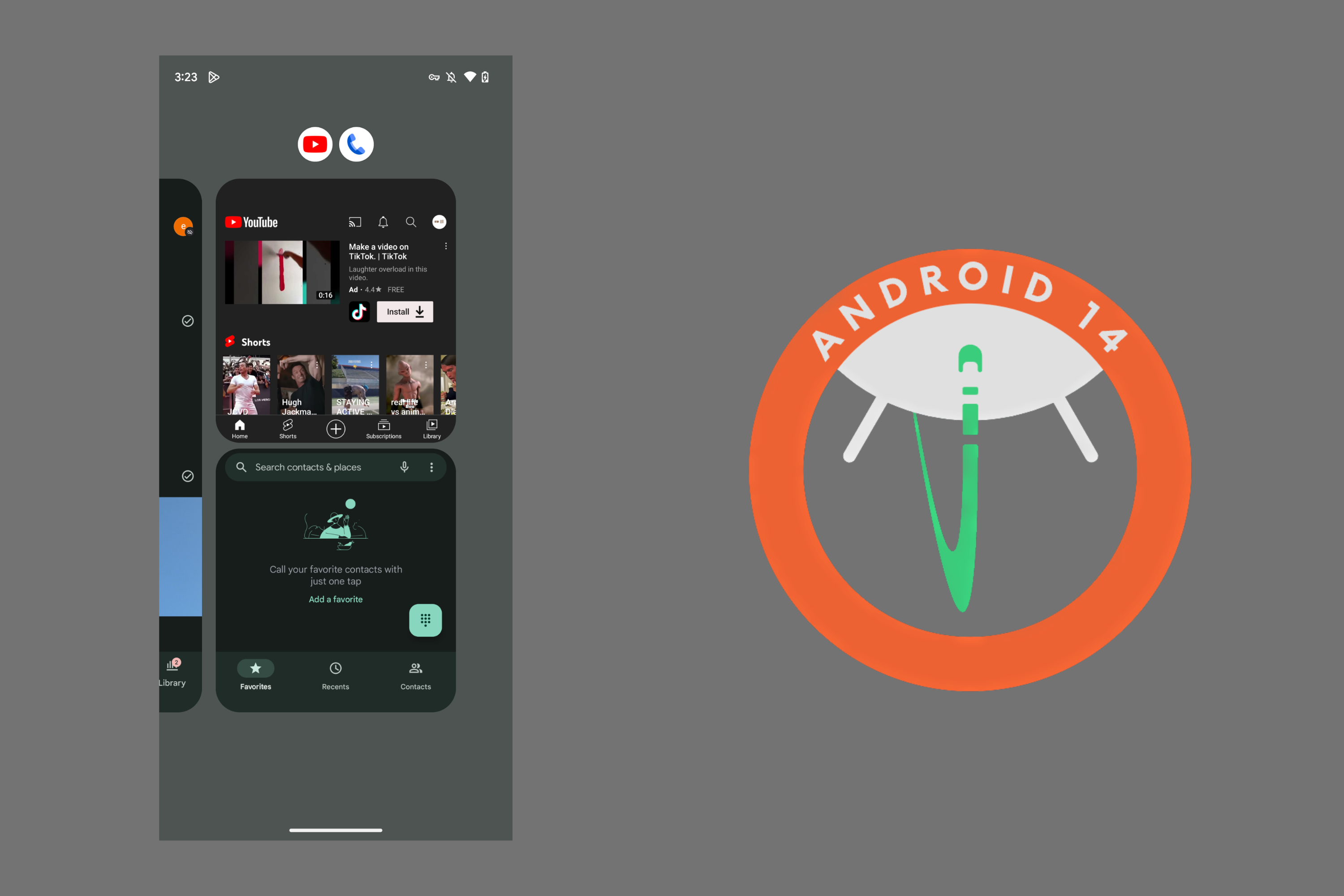 Saving App Pairs screenshot next to Android 14 logo on grey background
