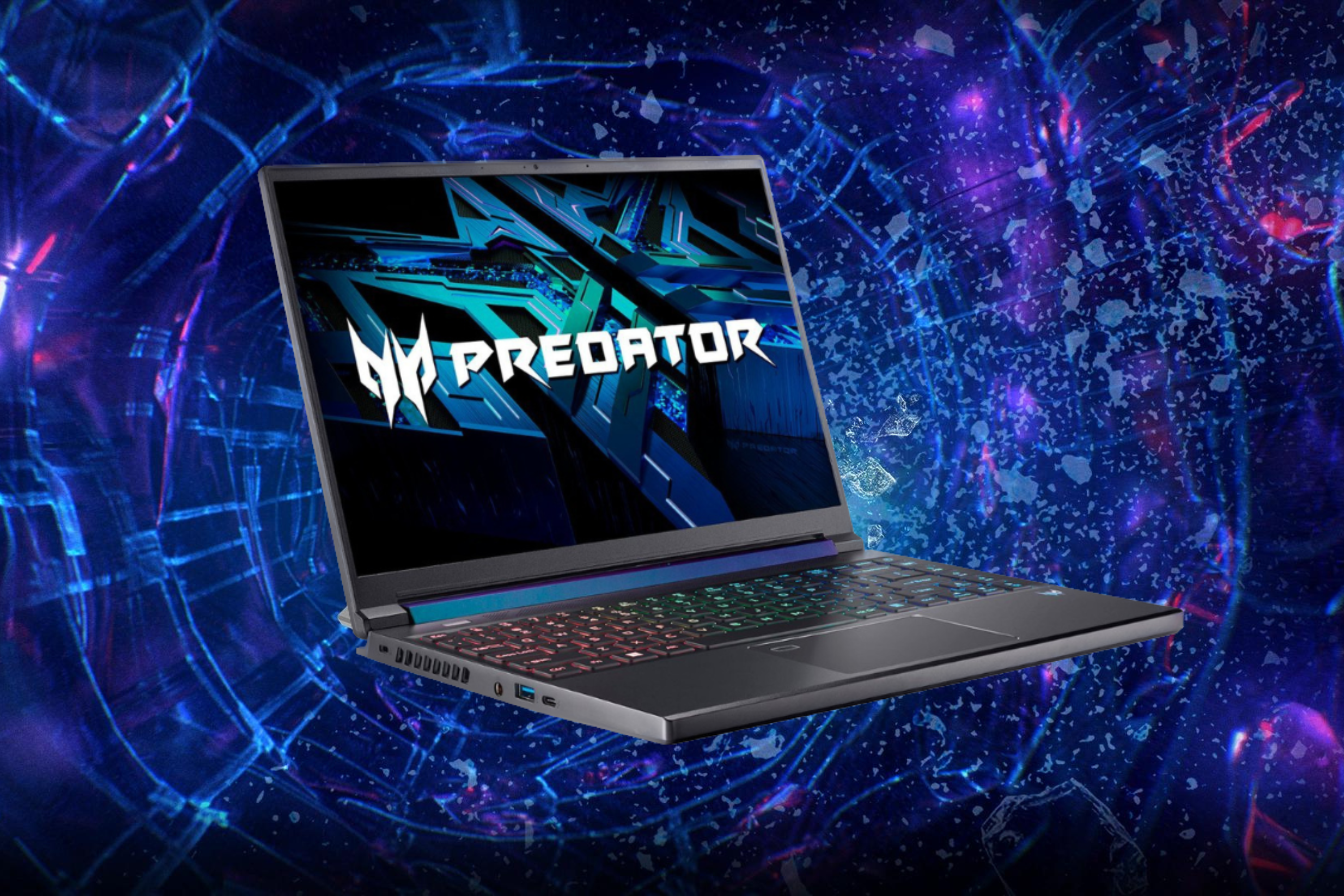 Acer Predator Triton 300 SE with heavy graphic background with lots of colors 