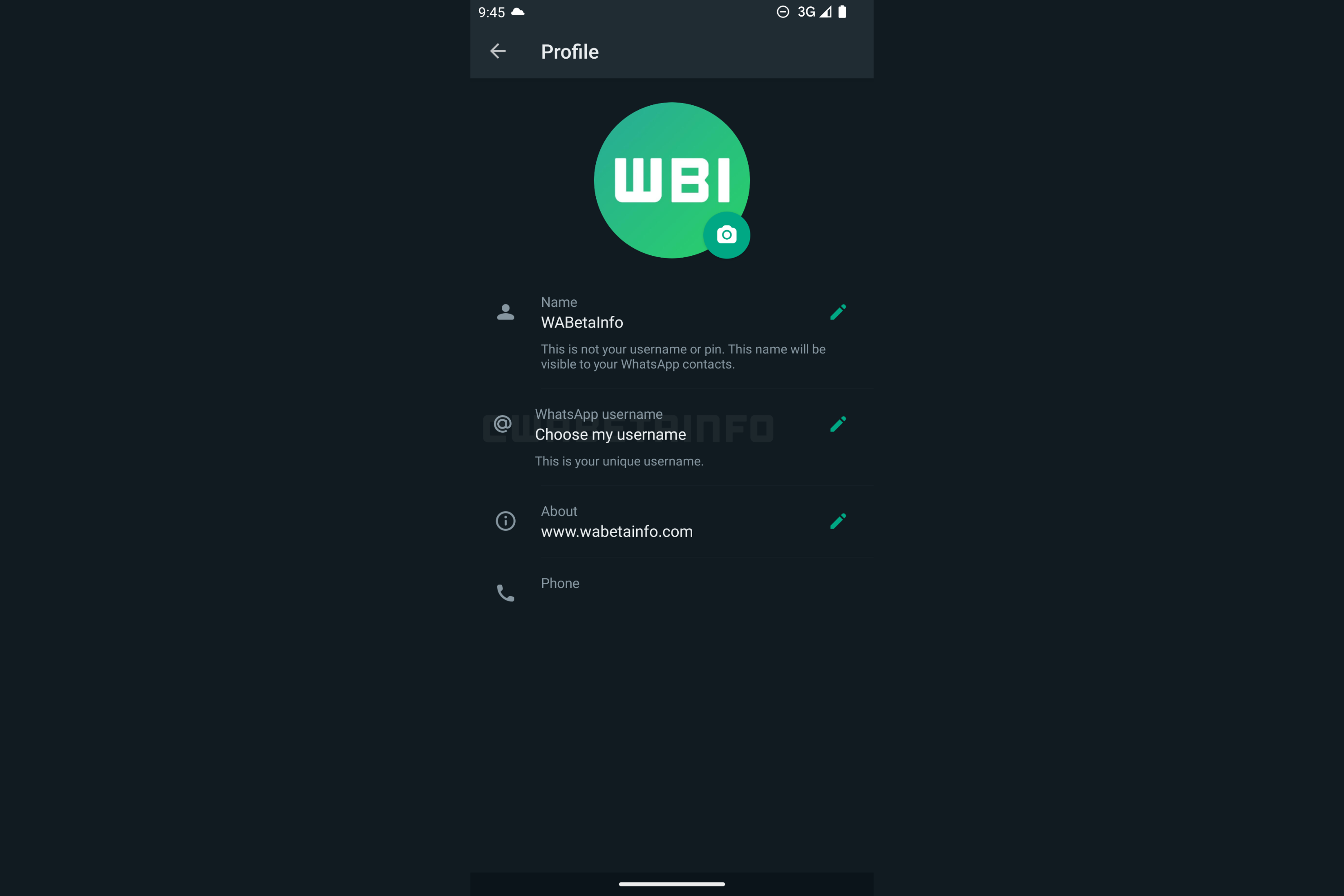 WhatsApp menu in beta showing username option