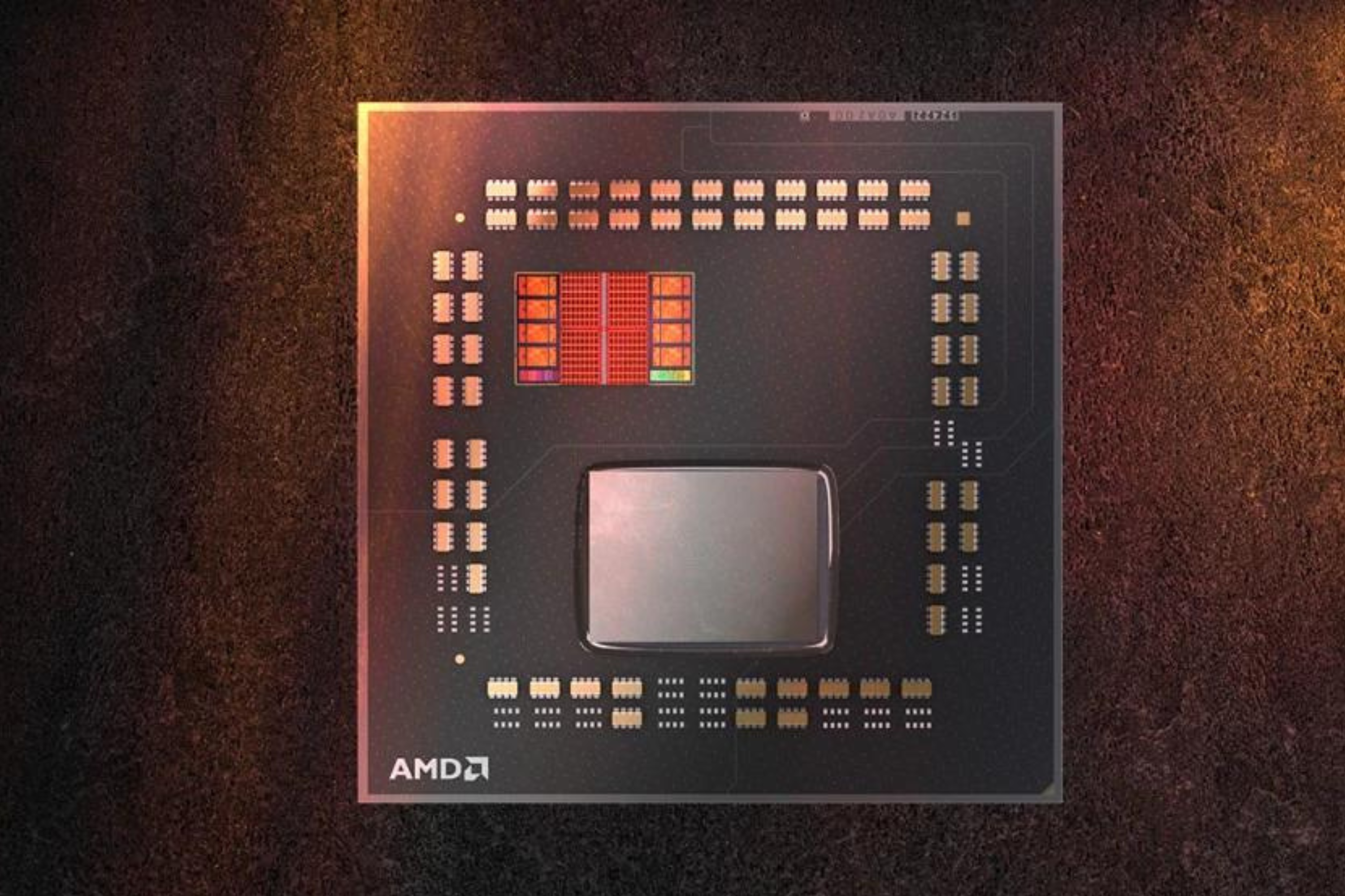 AMD Ryzen 7 5800X3D chip on full display showing details of the actual processor chip