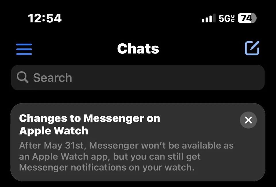 Changes to Messenger on Apple Watch showing that on May 31 the app will no longer be available. 
