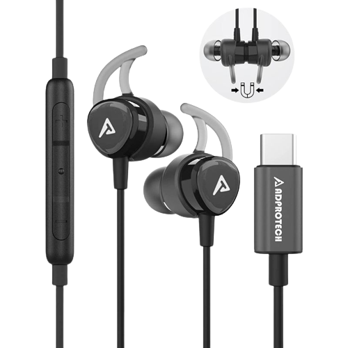 A render showing a pair of Adprotech USB-C earbuds in black color.