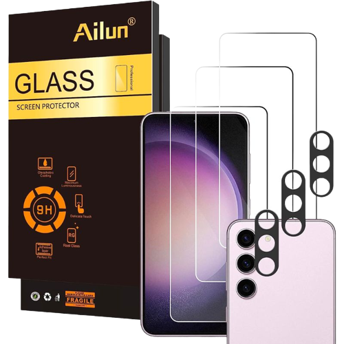 A render showing the Ailun tempered glass kit for Galaxy S23.