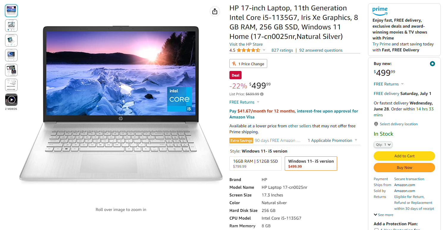 Screenshot of the Amazon product page for an HP laptop with 11th Gen processor