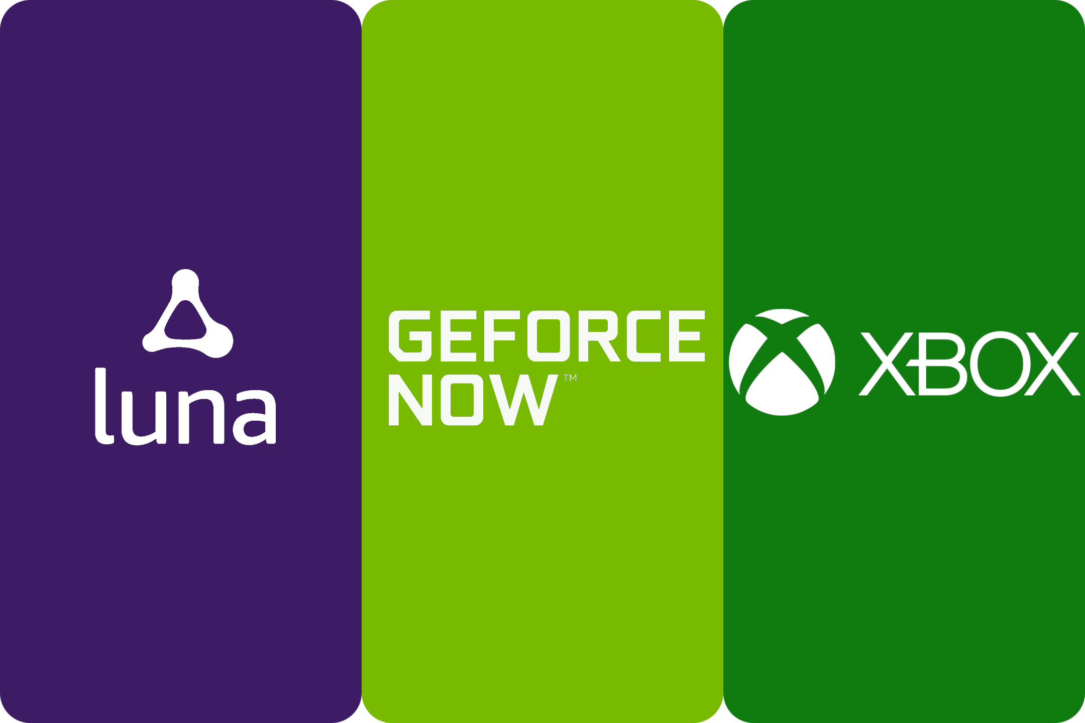 The logos for cloud gaming services Amazon Luna, Nvidia GeForce Now, and Xbox.