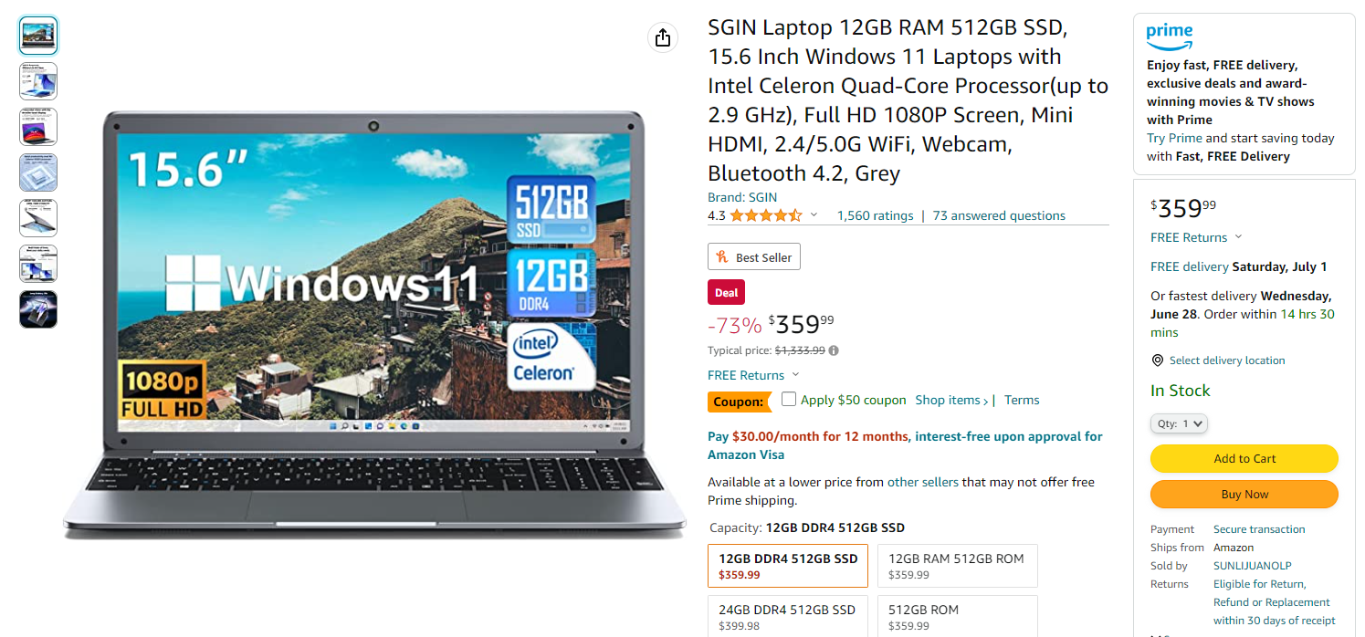 Screenshot of the Amazon listing for a SGIN laptop