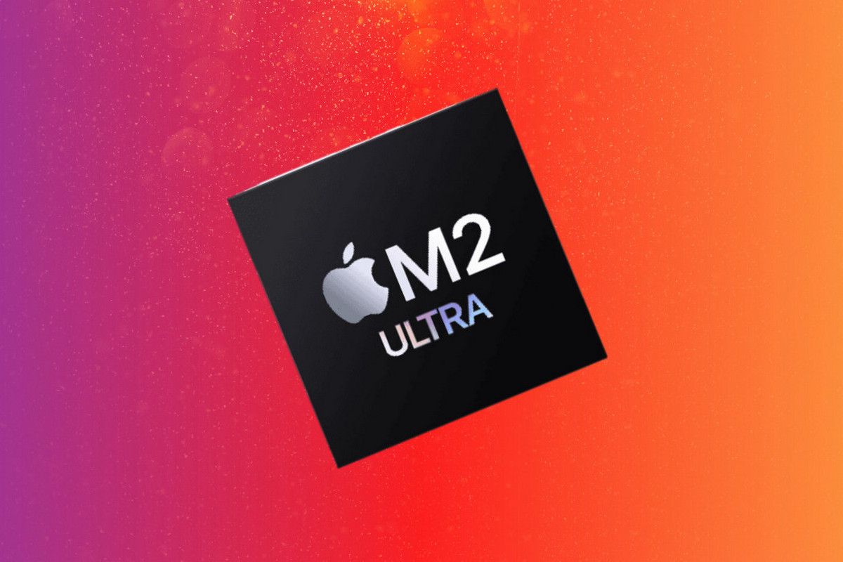 The Apple M2 Ultra chip on a custom orange and pick gradient background