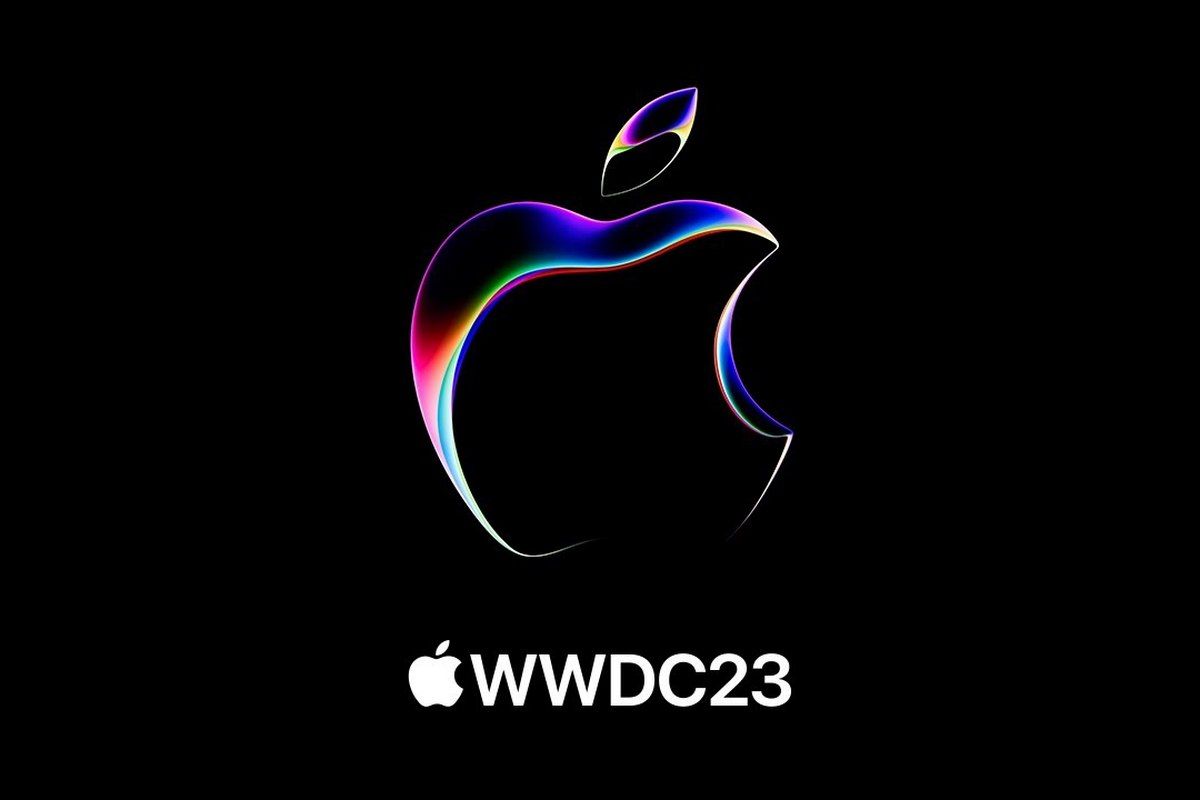 Screenshot from Apple's WWDC 2023 teaser, depicting a multicolored Apple logo on black background.