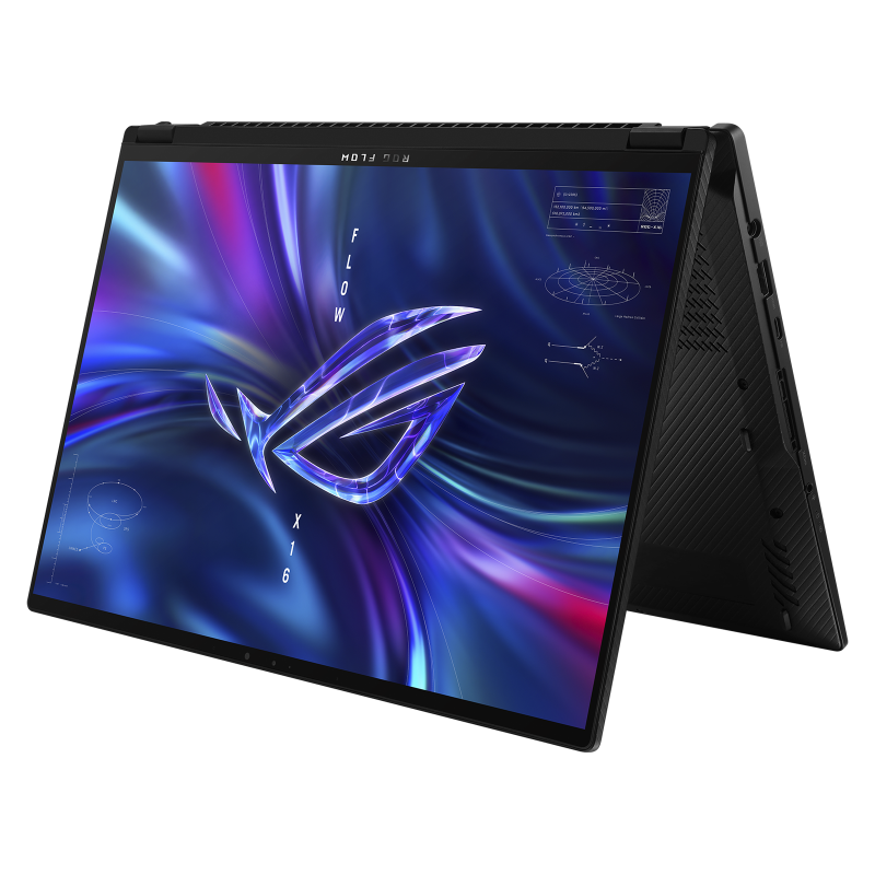 Angled front view of the Asus ROG Flow X16 facing left in tent mode