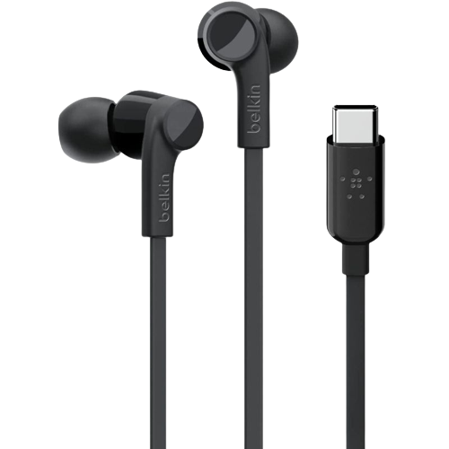 A render showing the Belkin SoundForm earbuds in black color.