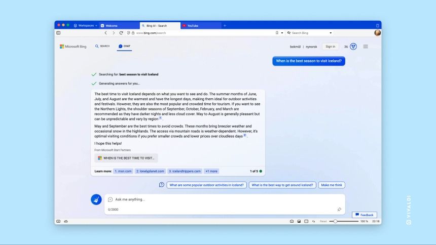 Vivaldi 6.1 fügt Unterstützung für Bing-Chat hinzu, indem es vorgibt, Microsoft Edge zu sein