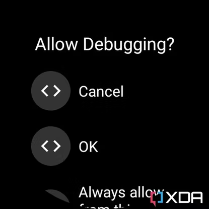 Screenshot of Allow Debugging prompt on Galaxy Watch 4.