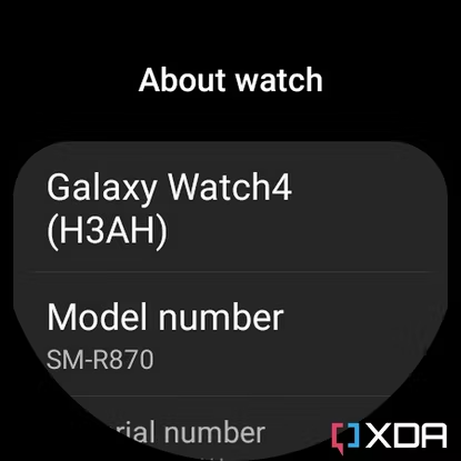 Screenshot of Galaxy Watch 4 About watch settings page.