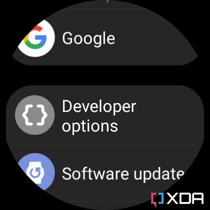 Screenshot of Galaxy Watch 4 settings with Developer options option.