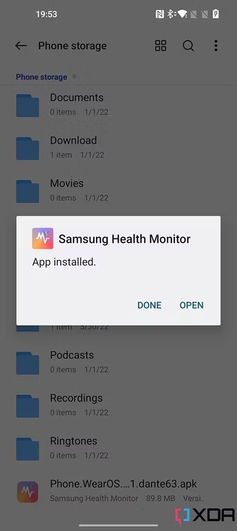 Screenshot of Samsung Health Monitor app installed pop-up.