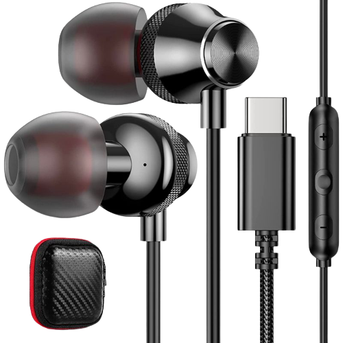 A render showing a pair of iMango USB-C earbuds with a carrying case.