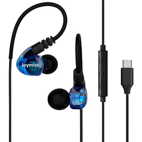 A render showing a pair of Joymiso USB-C earbuds with blue finish.