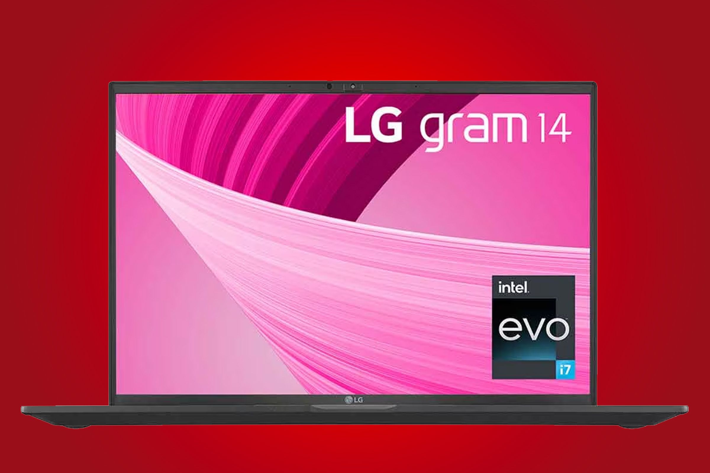 Ángulo frontal del LG Gram 14 (2023) que muestra la pantalla sobre un fondo rojo