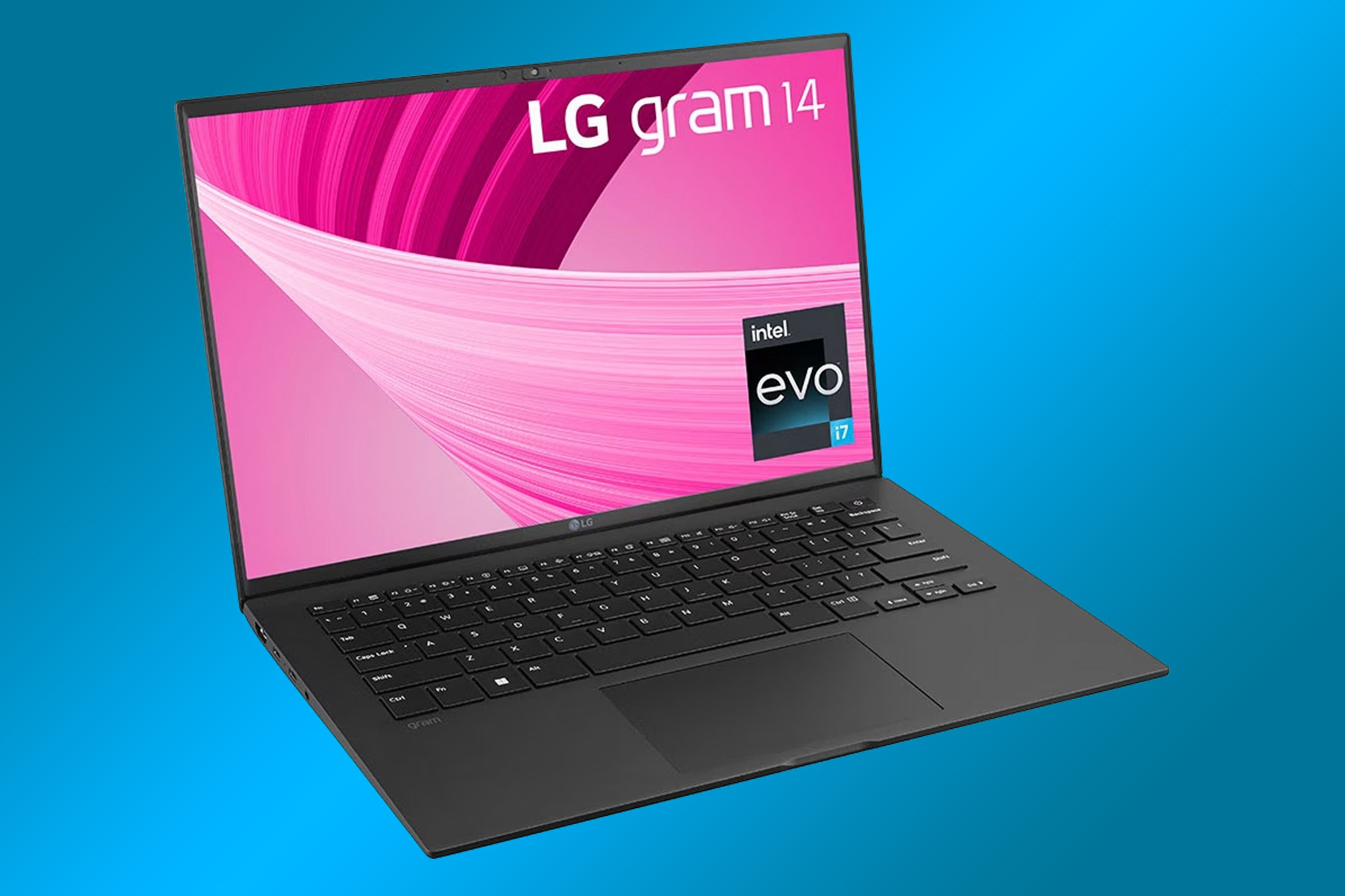 LG Gram 14 (2023) front angle showing the keyboard and display on a blue background
