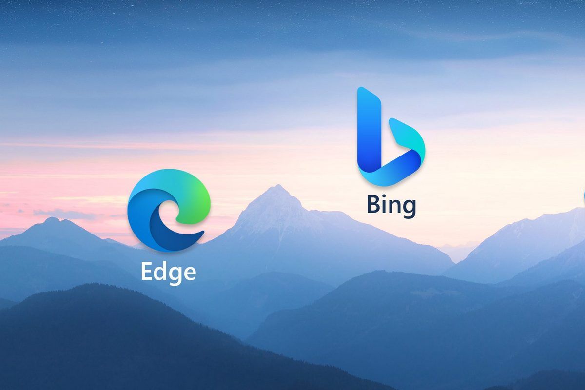 Microsoft Edge and Bing logos on a mountain scene