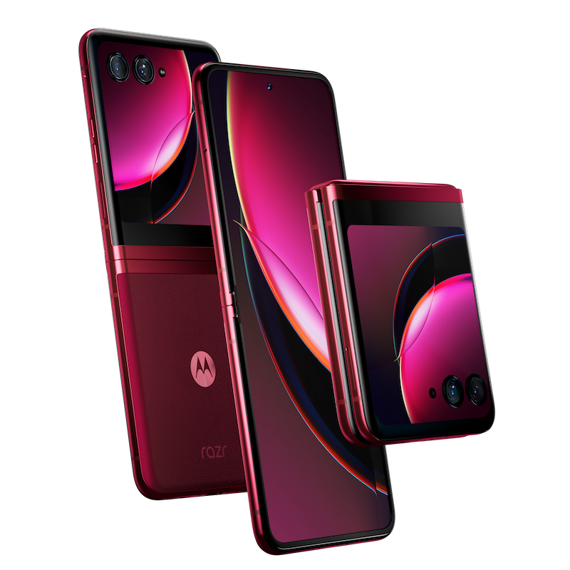 Front and rear view of the Moto Razr+ in Viva magenta colorway.