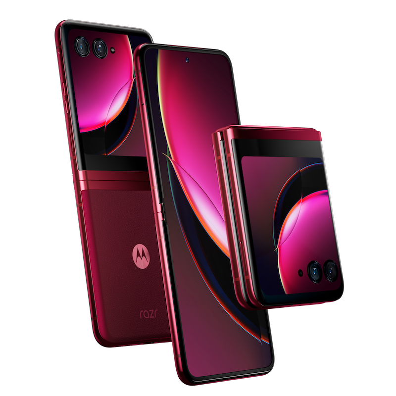 A render of the front and back of the Moto Razr+ in Viva magenta colorway.