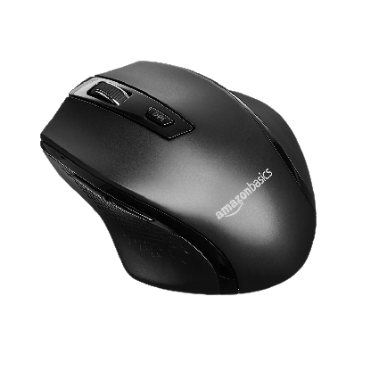 Amazon basics ergonomic black wireless mouse, angled view