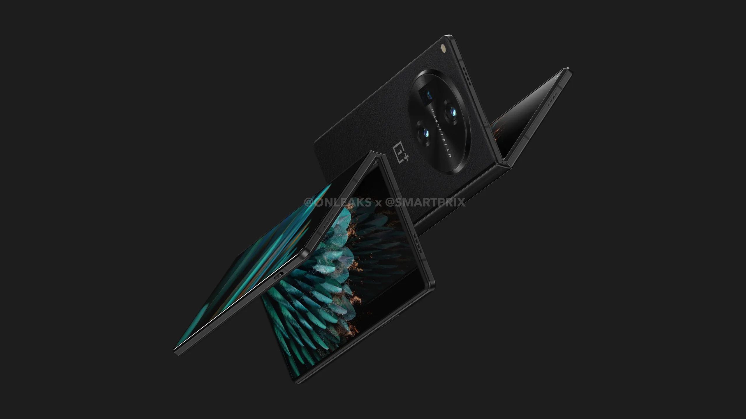 OnePlus V Fold front and back with feather background 