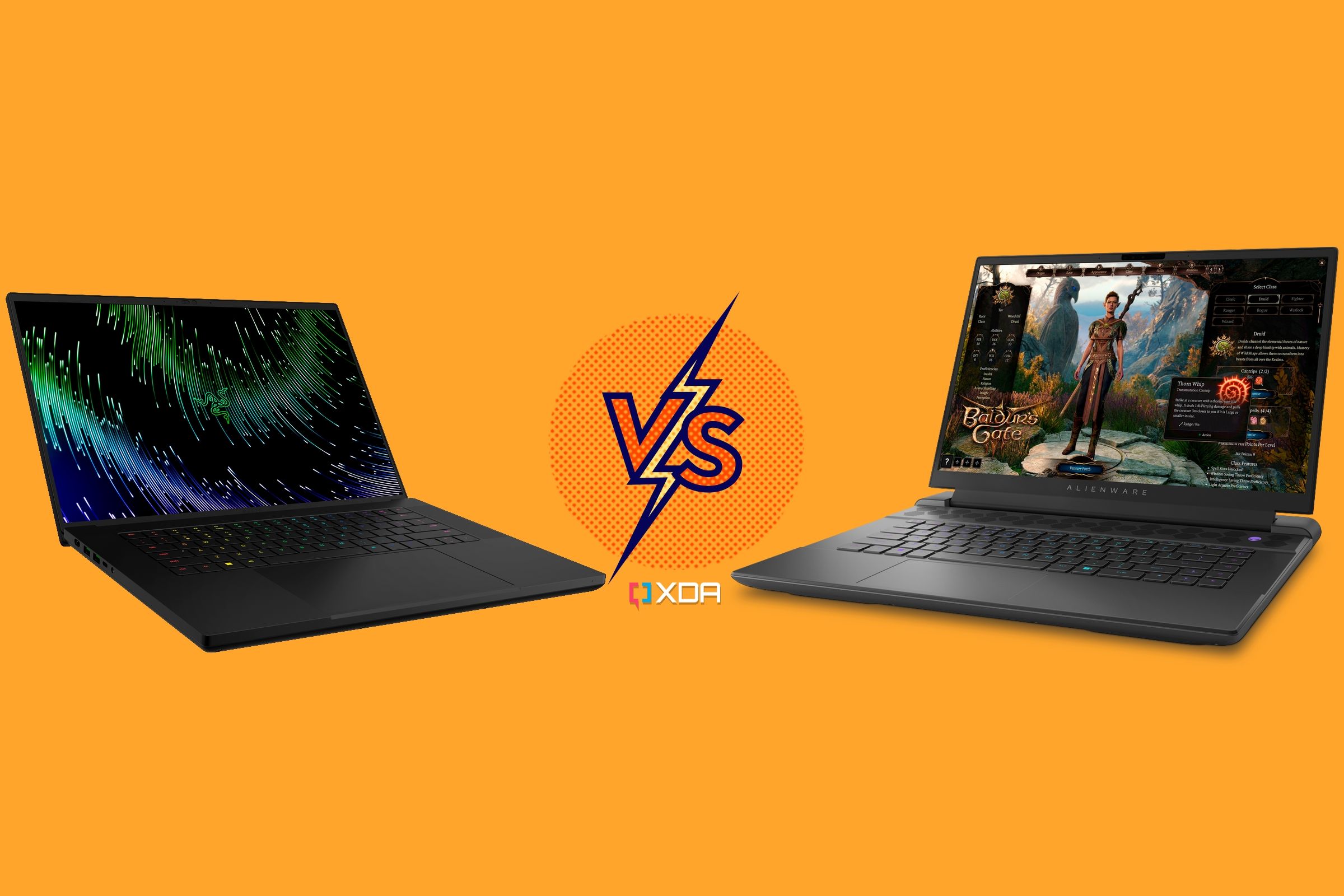 Angled view of the Razer Blade 16 and Alienware m16 with text reading VS in between them