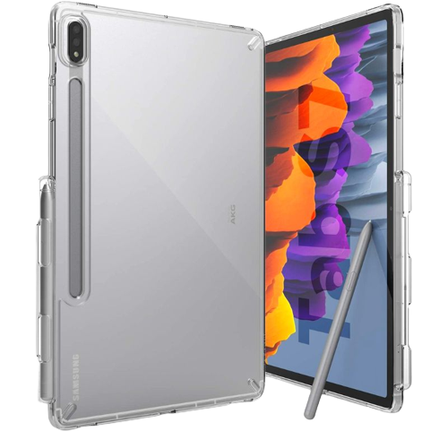 A render of the Ringke Fusion clear case installed on a silver Galaxy Tab S8 unit.