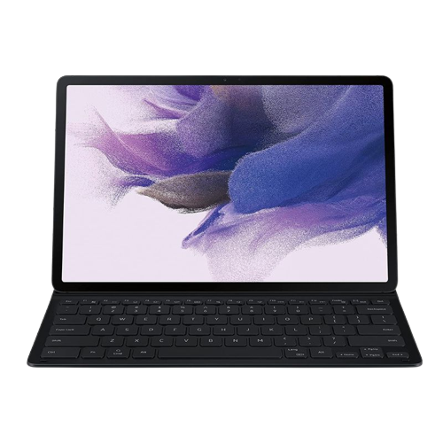 Eine Darstellung der Samsung Galaxy Tablet-Tastaturabdeckung, die auf einem Galaxy Tab S8+ installiert ist, in schwarzer Farbe.