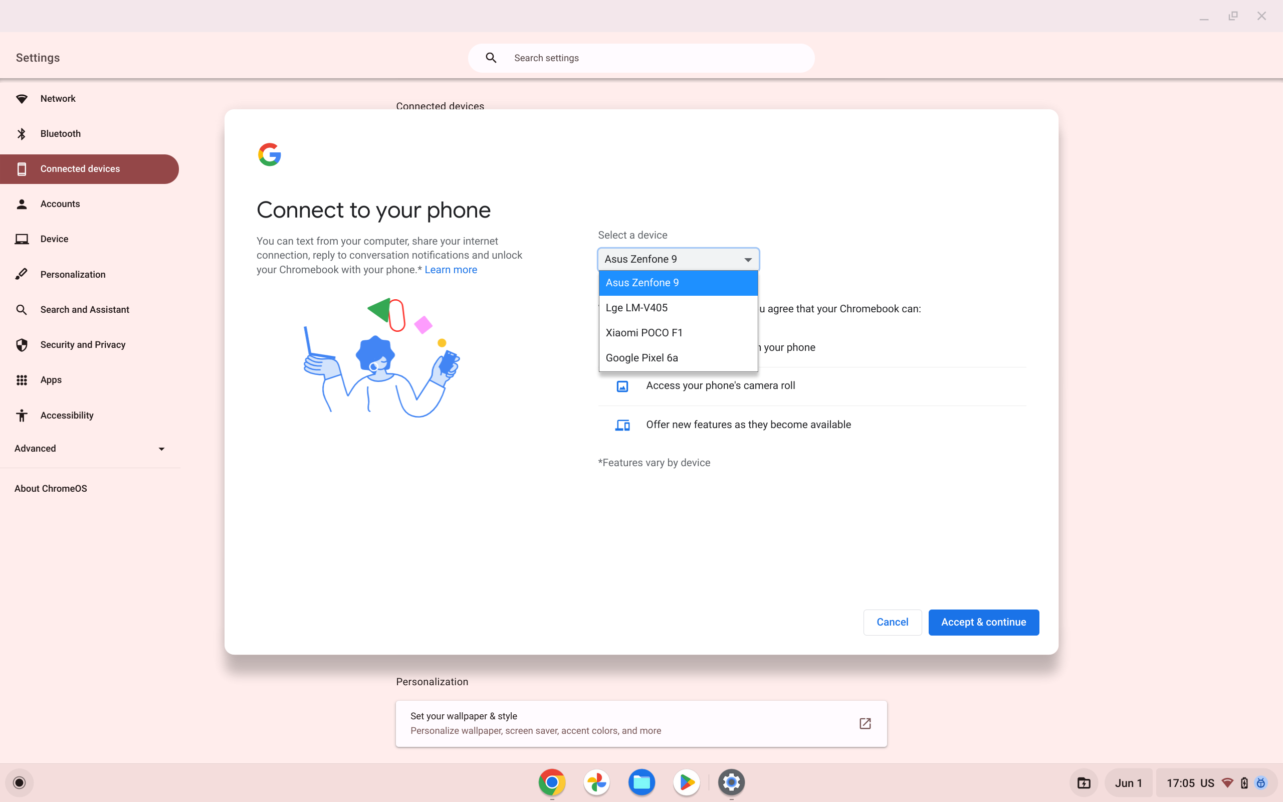 The setup window for Phone Hub on ChromeOS, which asks which Android phone the user would like to connect.