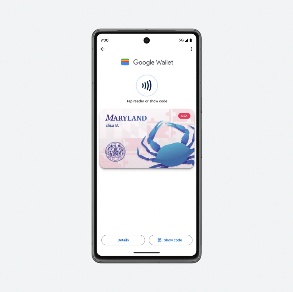 Google Wallet with Maryland ID on screen