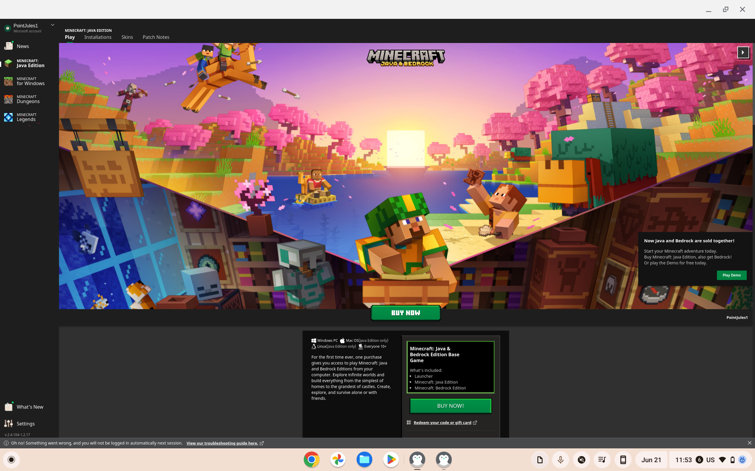 El lanzador de Minecraft en ChromeOS.