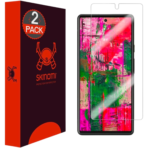 A render of the Skinomi screen protector for Pixel 7 next to the phone and its retail box.