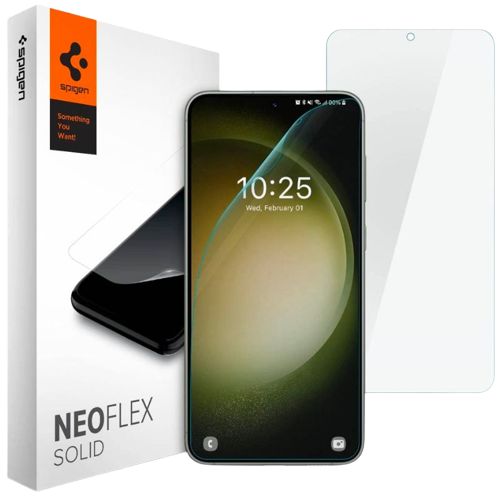 A render of the Spigen NeoFlex Solid for Galaxy S23 next to its retail box.