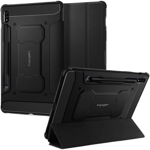 A render of a black-colored Spigen Rugged Armor Pro case installed on a Samsung Galaxy Tab S8 tablet.