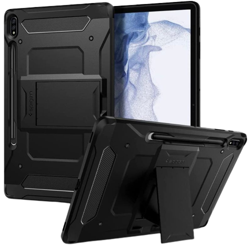 A render of the Spigen Tough Armor installed on a Galaxy Tab S8+ in black color.