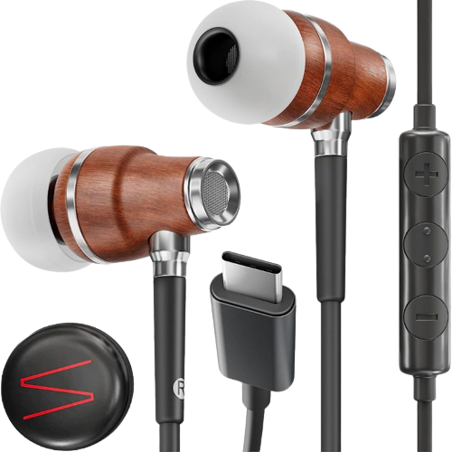 A render of the Symphonized USB C earbuds with a classy wood finish.