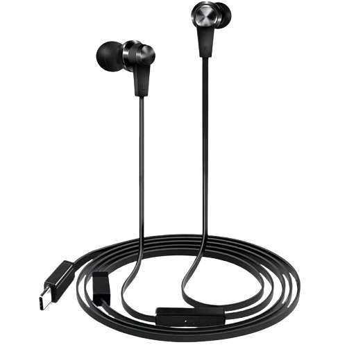 A render showing the Trilink USB-C earbuds in black color.