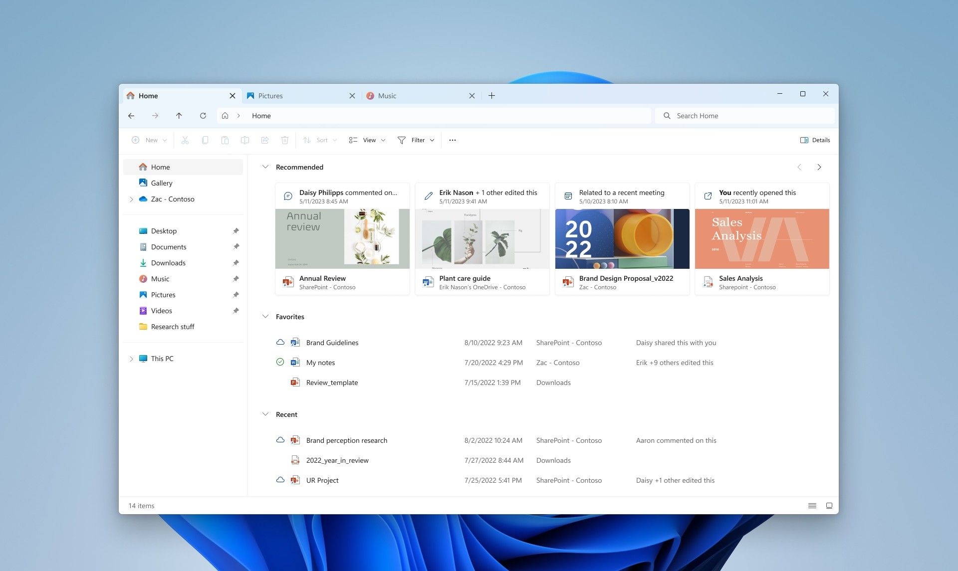 Screenshot of the Home page in the redesigned File Explorer in Windows 11 build 23475