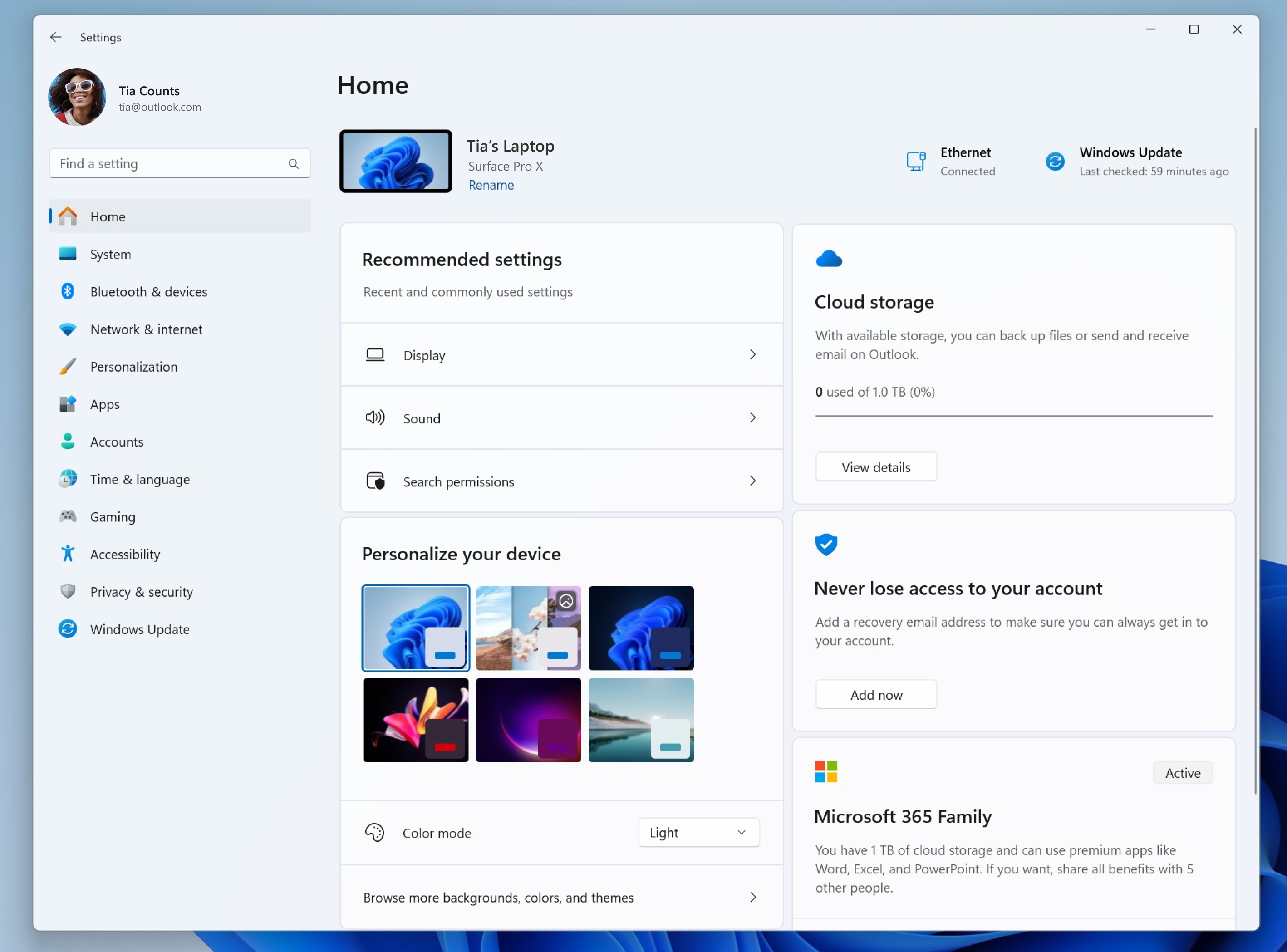 Screenshot of the new Windows 11 Settings Home page.