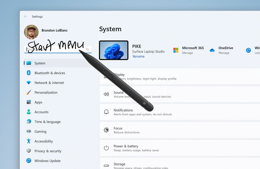 System menu showing Windows Ink capabilities